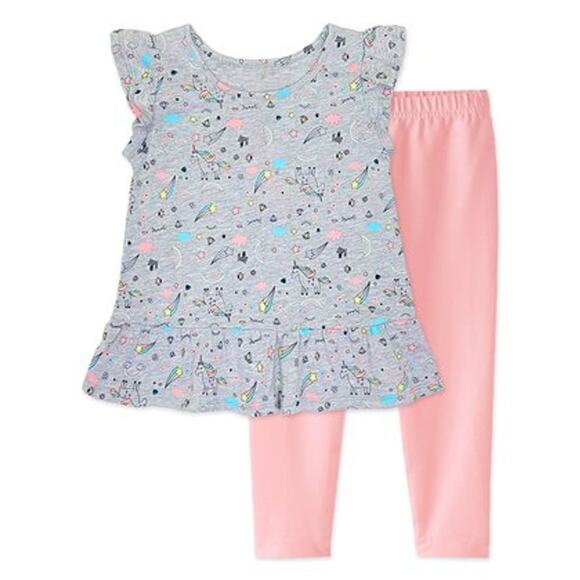 NWT Girl's Cutie Patootie Heather Gray Unicorn Top With Pink Leggings Size 2T - Picture 1 of 8